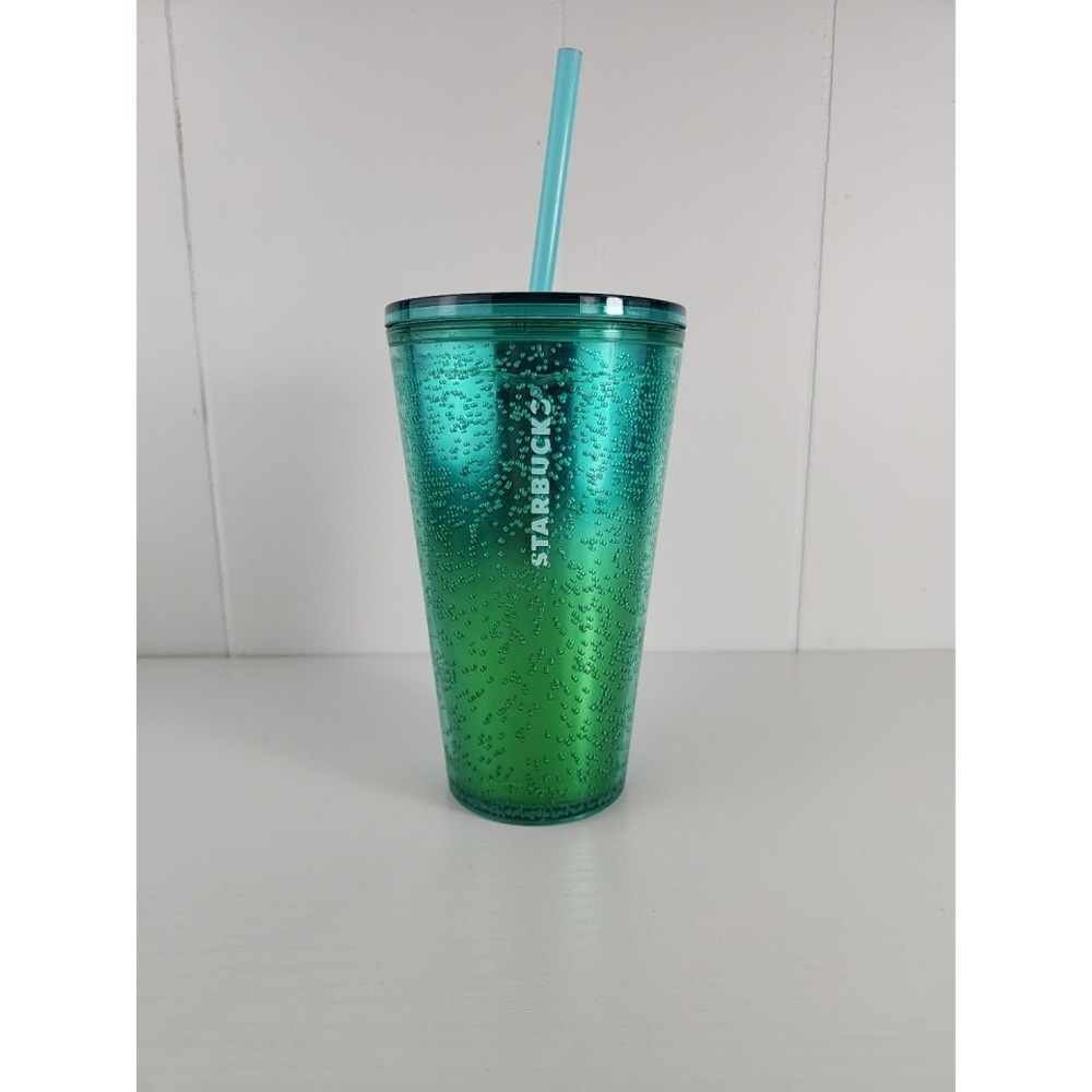 Starbucks Teal Green Ombre Bubble Textured Venti 24oz Cold Cup Tumbler Straw